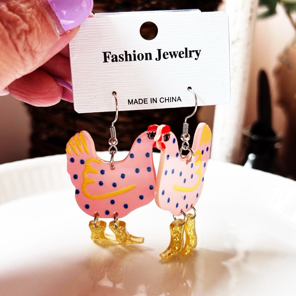 Novelty Pink Hen Rooster Chicken Hook Earrings - NEW